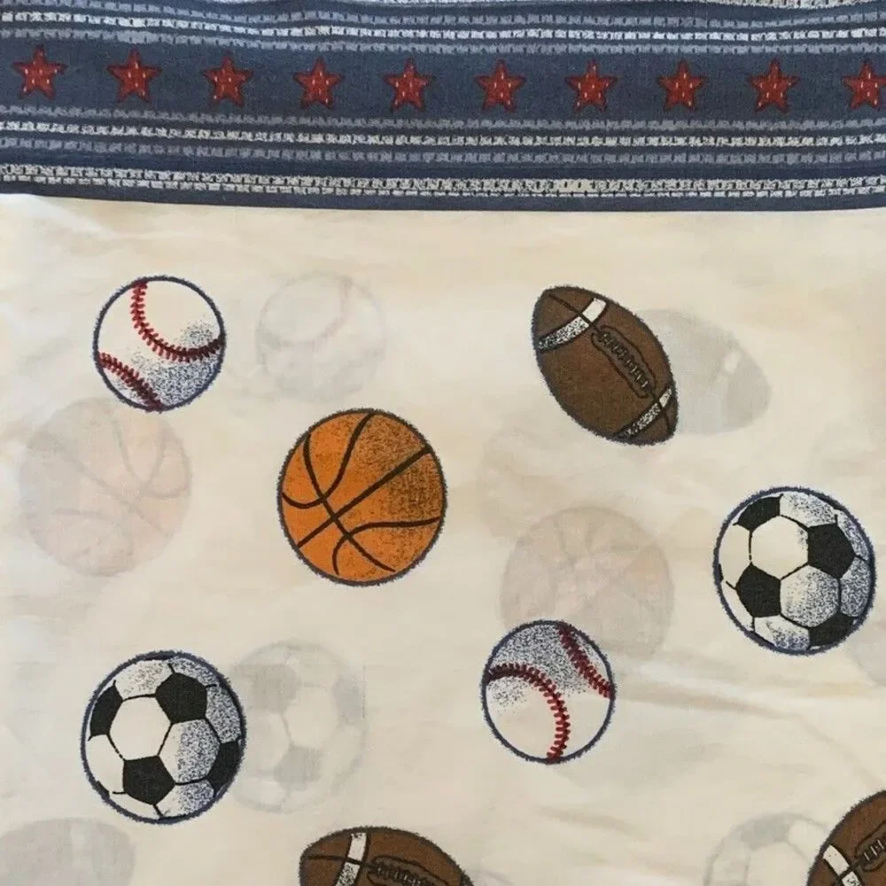 Vintage Sports Themed Twin Flat Sheet 2 Pillowcases Football Soccer Basketball